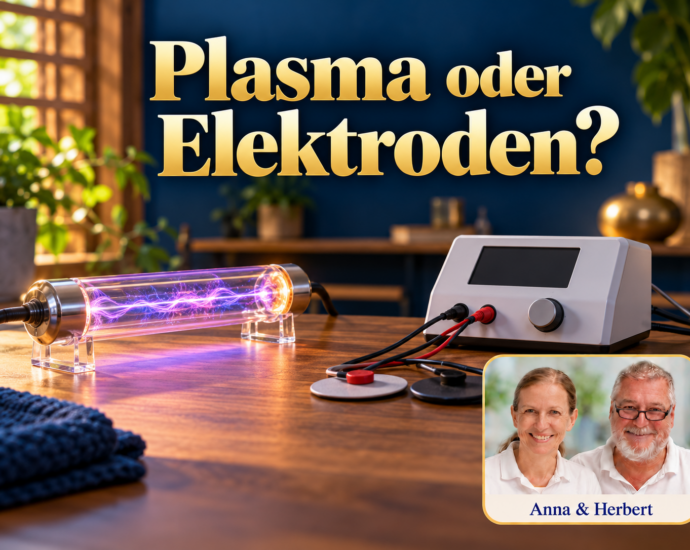 Tubo di vetro luminoso accanto a un apparecchio elettronico ed elettrodi sotto il titolo “Plasma o elettrodi?”