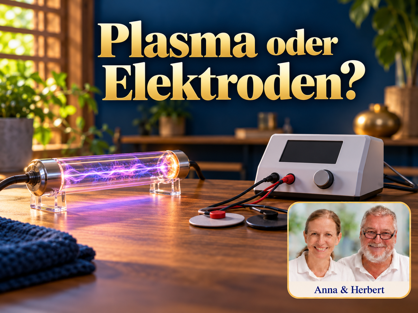 Plasma oder Elektroden? – Anna und Herbert - Herbert Eder - Frequenzforscher Leuchtende Glasröhre neben einem elektronischen Gerät und Elektroden unter dem Titel Plasma oder Elektroden?