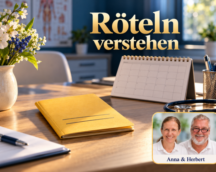 Gelbes Heft, Tischkalender und Blumen in einer Beratungsumgebung; Porträtbadge rechts unten.