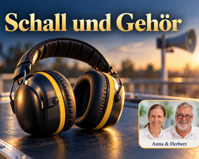Ein Kapselgehörschutz vor einem unscharfen Lautsprecher; Porträt-Badge Anna und Herbert rechts unten.