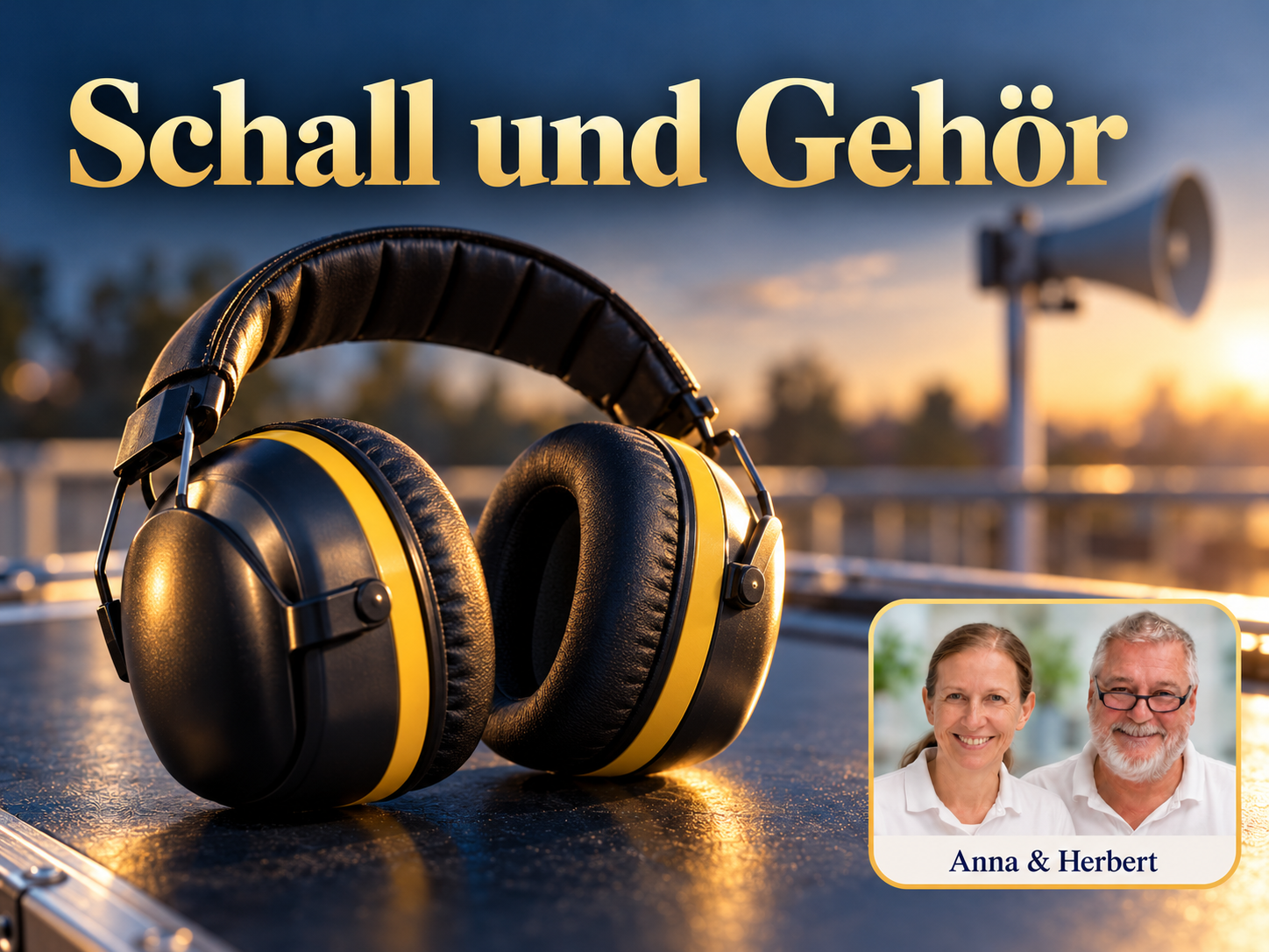 Zvuk a sluch – Anna a Herbert – Herbert Eder – výzkumník v oblasti frekvencí Großer Kopfhörer mit einem Lautsprecher im Hintergrund unter dem Titel Schall und Gehör.