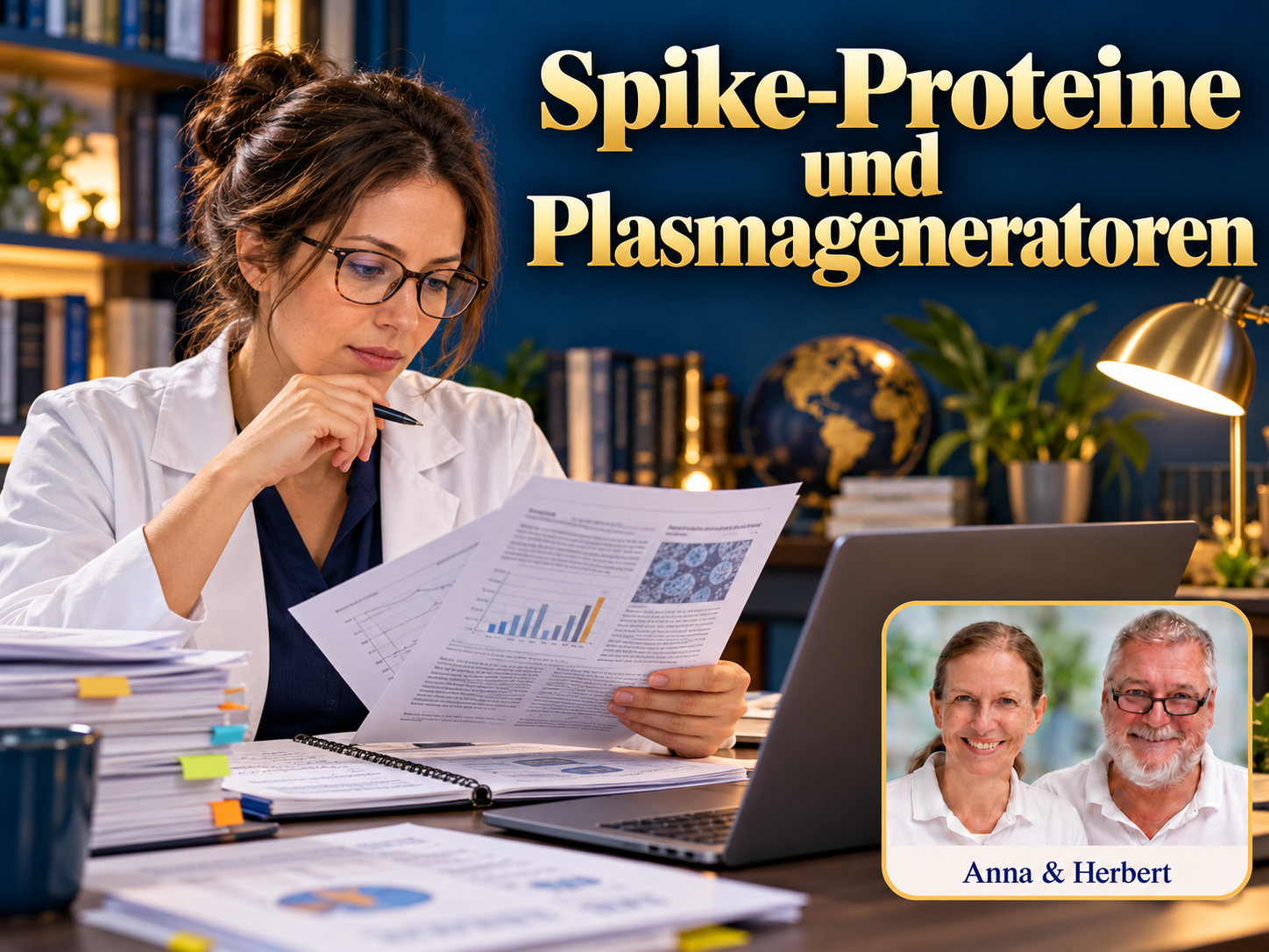 Spike-Proteine und Plasmageneratoren – Anna und Herbert - Herbert Eder - Frequenzforscher Frau im weißen Mantel prüft einen Ausdruck neben einem Notebook unter dem Titel Spike-Proteine und Plasmageneratoren.