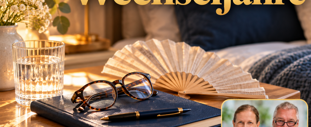 Wechseljahre – Anna und Herbert - Herbert Eder - Frequenzforscher Fächer, Lesebrille, persönliches Notizbuch und ein Glas Wasser auf einem hellen Nachttisch. Porträtbadge Anna und Herbert rechts unten.