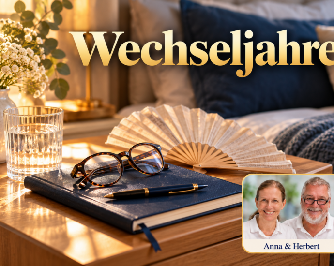Fächer, Lesebrille, persönliches Notizbuch und ein Glas Wasser auf einem hellen Nachttisch. Porträtbadge Anna und Herbert rechts unten.