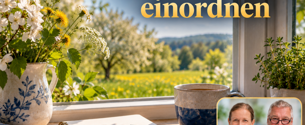 Pollenallergie einordnen - Herbert Eder - Frequenzforscher Notizbuch und Tasse am Fenster mit Blick auf eine Frühlingswiese; Porträtbadge rechts unten.