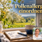 Pollenallergie einordnen - Herbert Eder - Frequenzforscher Notizbuch und Tasse am Fenster mit Blick auf eine Frühlingswiese; Porträtbadge rechts unten.