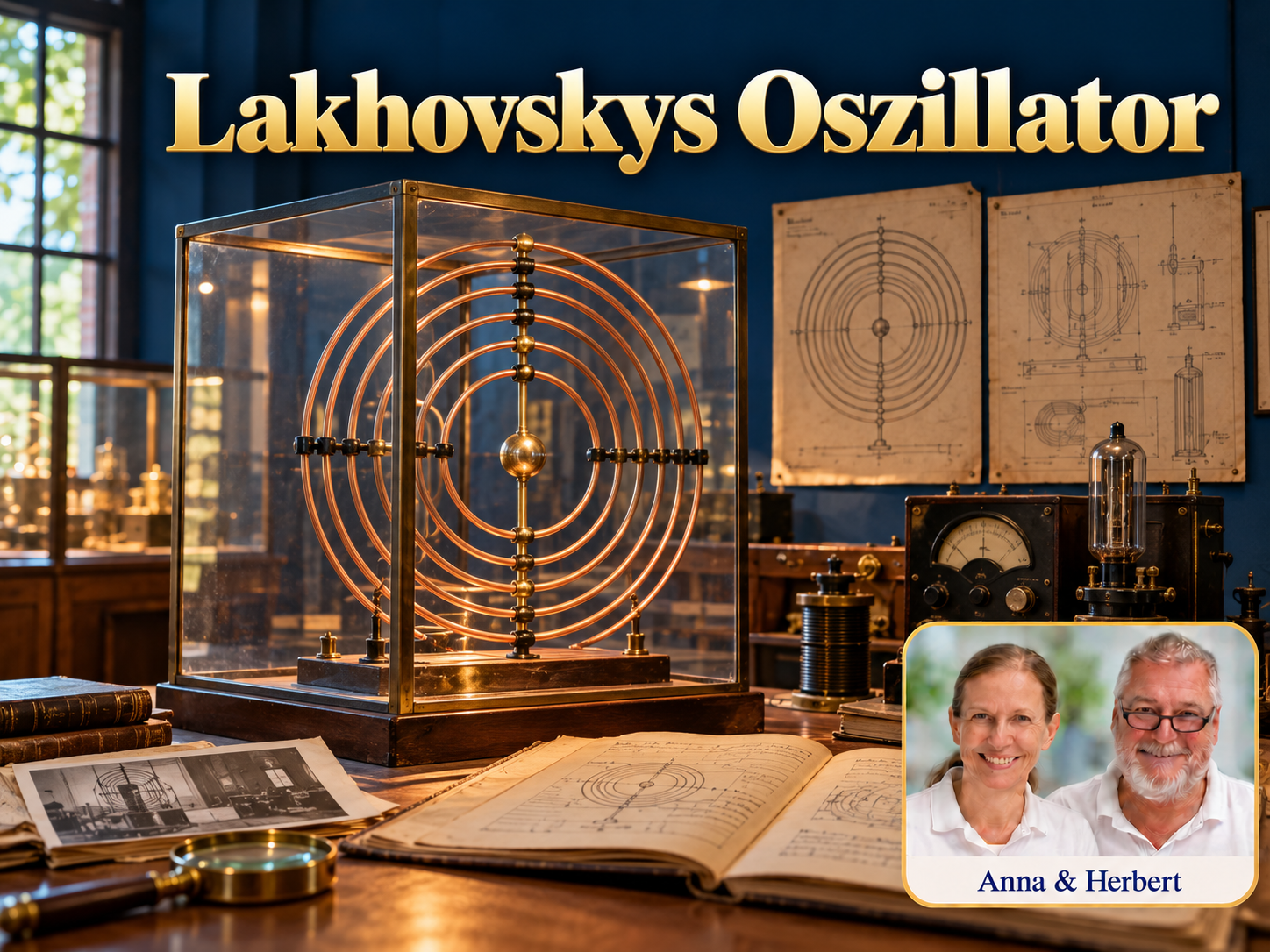 Lakhovskys Oszillator – Anna und Herbert - Herbert Eder - Frequenzforscher Konzentrische Metallringe in einem Schaukasten neben historischen Unterlagen unter dem Titel Lakhovskys Oszillator.