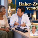 Baker-Zyste verstehen – Anna und Herbert - Herbert Eder - Frequenzforscher Ältere Frau und Mann im weißen Mantel sprechen vor einem Knie-Modell unter dem Titel Baker-Zyste verstehen.