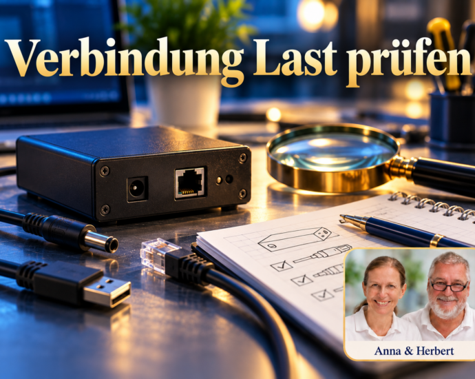 Neutrales geschlossenes Elektronikgehäuse mit separat liegenden Kabeln, Lupe und Notizbuch. Symbolbild zur Anschlussprüfung, keine Darstellung der konkreten BioZapper-Buchsen; Anna & Herbert rechts unten. Porträtbadge Anna und Herbert rechts unten.