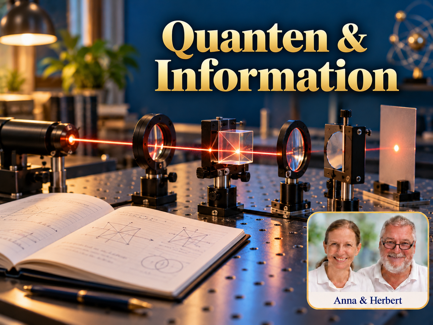 Quanten & Information – Anna und Herbert - Herbert Eder - Frequenzforscher Roter Lichtstrahl durch optische Elemente auf einem Labortisch unter dem Titel Quanten und Information.