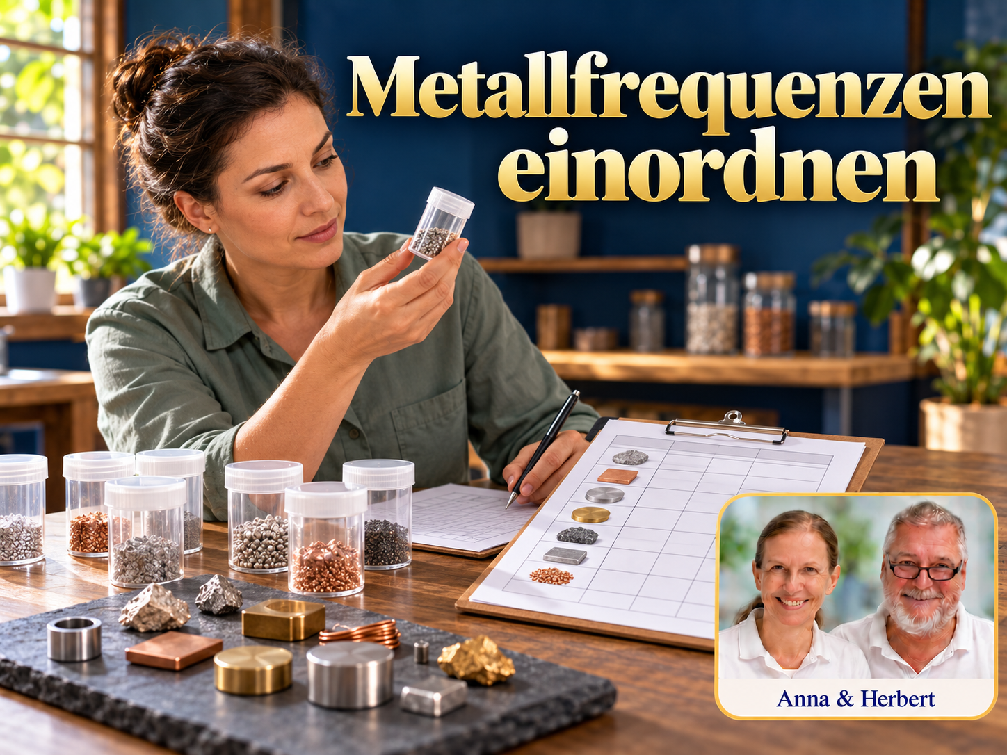 Metallfrequenzen einordnen – Anna und Herbert - Herbert Eder - Frequenzforscher Frau betrachtet einen Probenbehälter neben Metallstücken und Unterlagen unter dem Titel Metallfrequenzen einordnen.