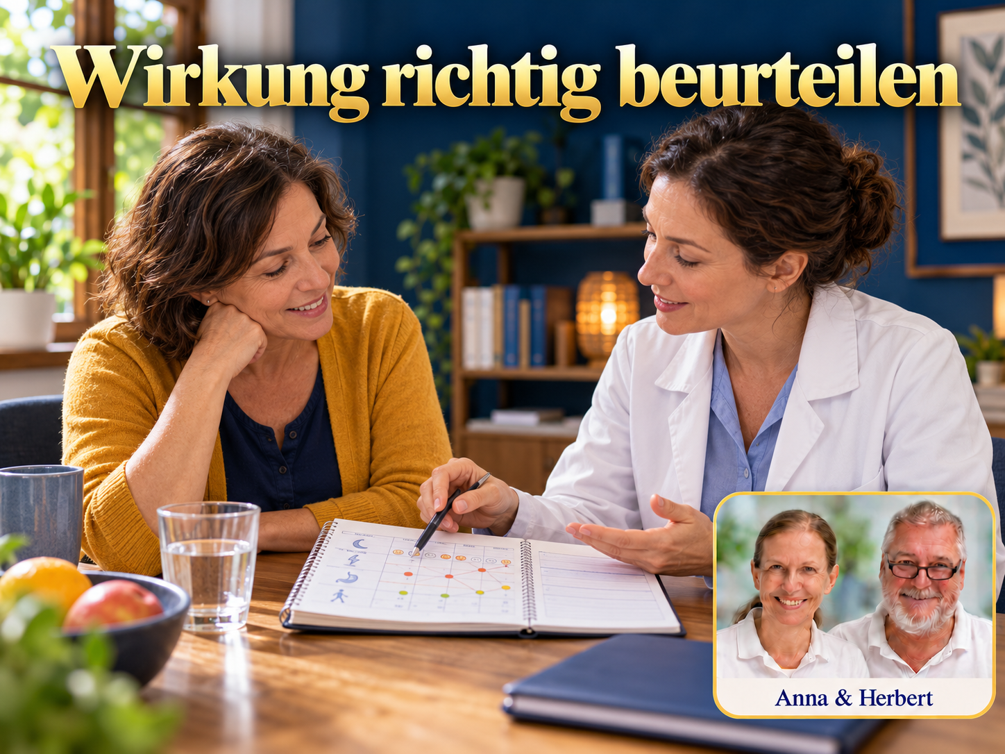 Wirkung richtig beurteilen – Anna und Herbert - Herbert Eder - Frequenzforscher Zwei Frauen, eine im weißen Mantel, besprechen ein Tagebuch unter dem Titel Wirkung richtig beurteilen.