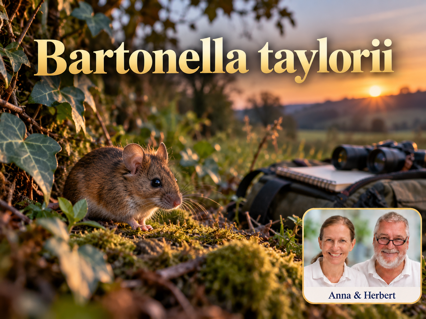 Bartonella taylorii – Anna und Herbert - Herbert Eder - Frequenzforscher Kleines Nagetier auf Moos neben Notizbuch und Fernglas unter dem Titel Bartonella taylorii.