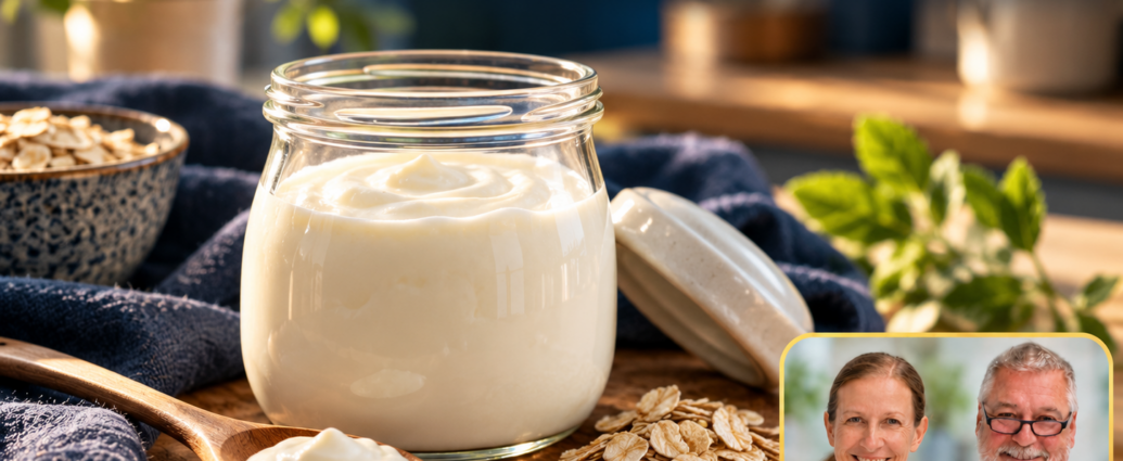 Lactobacillus - Herbert Eder - Frequenzforscher Una coppetta di yogurt naturale con un cucchiaio di legno e fiocchi d’avena su un tavolo con una tovaglia blu scuro. Anna e Herbert sono visibili in basso a destra nel badge ritratto.