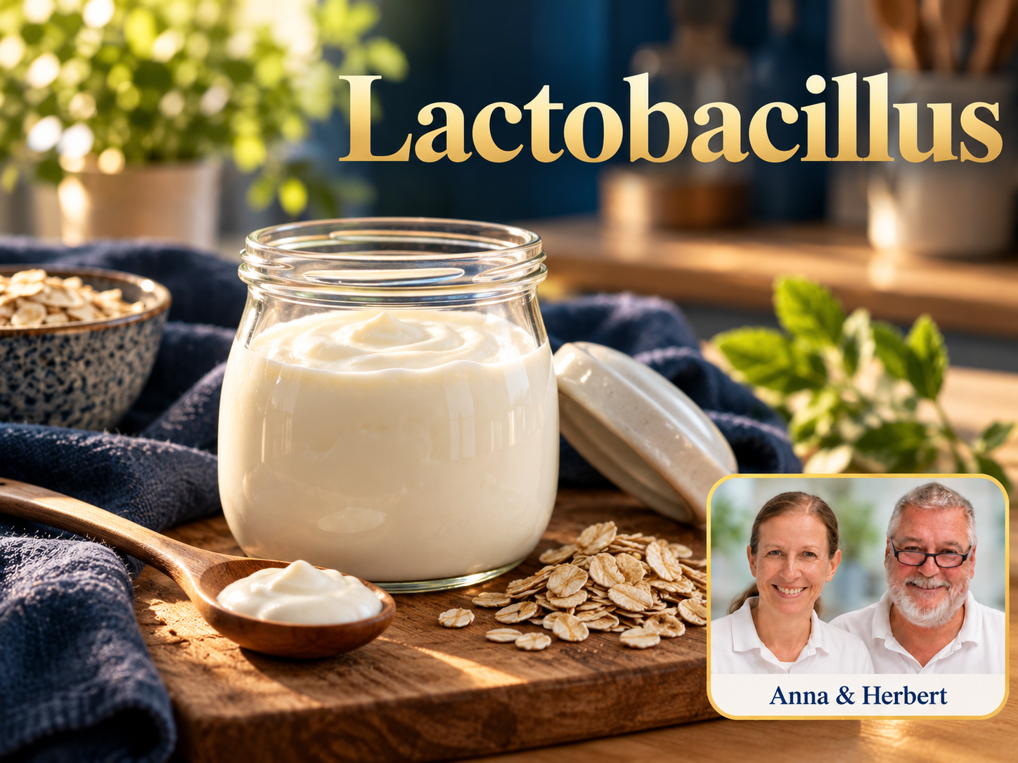Lactobacillus - Herbert Eder - Frequenzforscher Glas mit joghurtartigem Lebensmittel neben Haferflocken unter dem Titel Lactobacillus.