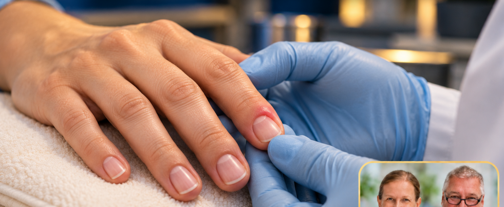 Nagelbettentzündung – Anna und Herbert - Herbert Eder - Frequenzforscher Fiktive Untersuchung einer Hand mit leichter Rötung am Nagelrand; eine behandschuhte Hand hält den Finger behutsam. Porträtbadge Anna und Herbert rechts unten.