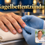 Nagelbettentzündung – Anna und Herbert - Herbert Eder - Frequenzforscher Fiktive Untersuchung einer Hand mit leichter Rötung am Nagelrand; eine behandschuhte Hand hält den Finger behutsam. Porträtbadge Anna und Herbert rechts unten.