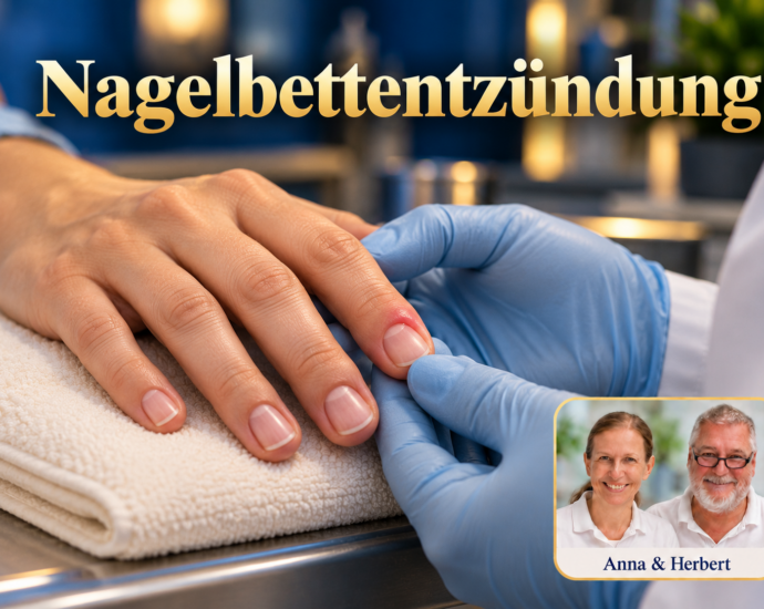 Fiktive Untersuchung einer Hand mit leichter Rötung am Nagelrand; eine behandschuhte Hand hält den Finger behutsam. Porträtbadge Anna und Herbert rechts unten.