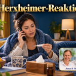 Herxheimer-Reaktion – Anna und Herbert - Herbert Eder - Frequenzforscher Frau mit Decke hält ein Thermometer und telefoniert unter dem Titel Herxheimer-Reaktion.