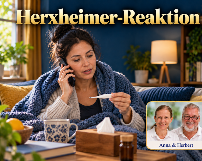 Frau mit Decke hält ein Thermometer und telefoniert unter dem Titel Herxheimer-Reaktion.