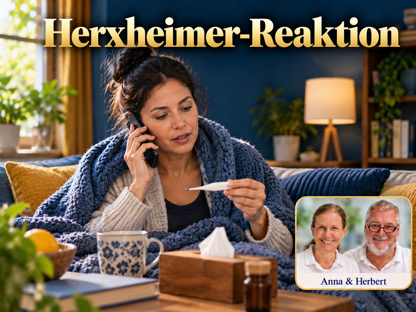 Herxheimer-Reaktion – Anna und Herbert - Herbert Eder - Frequenzforscher Frau mit Decke hält ein Thermometer und telefoniert unter dem Titel Herxheimer-Reaktion.