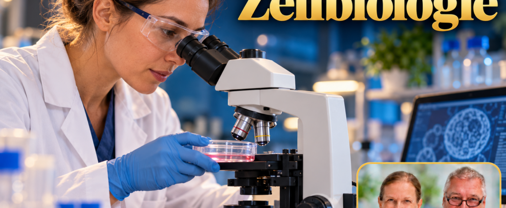 Felder und Zellbiologie – Anna und Herbert - Herbert Eder - Frequenzforscher Wissenschaftlerin mit Schutzbrille am Mikroskop und einer Petrischale; symbolische Darstellung von Forschung zu Feldern und Zellbiologie. Porträtbadge Anna und Herbert rechts unten.