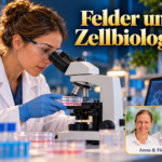 Felder und Zellbiologie – Anna und Herbert - Herbert Eder - Frequenzforscher Wissenschaftlerin mit Schutzbrille am Mikroskop und einer Petrischale; symbolische Darstellung von Forschung zu Feldern und Zellbiologie. Porträtbadge Anna und Herbert rechts unten.