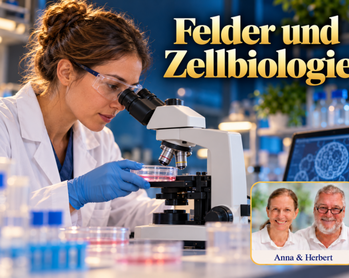 Wissenschaftlerin mit Schutzbrille am Mikroskop und einer Petrischale; symbolische Darstellung von Forschung zu Feldern und Zellbiologie. Porträtbadge Anna und Herbert rechts unten.