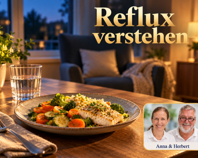Un plato con pescado, arroz y verduras, además de un vaso de agua; al fondo se ve un sillón. Anna y Herbert aparecen en la parte inferior derecha de la insignia con el retrato.