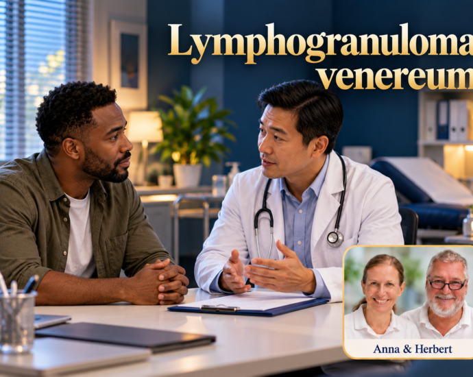 Zwei Männer, einer im weißen Mantel, sprechen unter dem Titel Lymphogranuloma venereum.