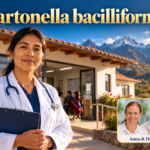Bartonella bacilliformis – Anna und Herbert - Herbert Eder - Frequenzforscher Frau im weißen Mantel vor einem Gebäude mit Bergen im Hintergrund unter dem Titel Bartonella bacilliformis.