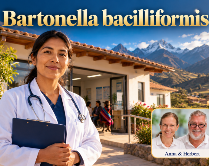 Frau im weißen Mantel vor einem Gebäude mit Bergen im Hintergrund unter dem Titel Bartonella bacilliformis.