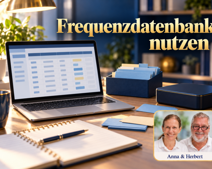 Laptop mit schematischer Tabelle neben Karteikasten und Notizbuch. Symbolbild zur Nutzung einer Frequenzdatenbank, keine therapeutischen Messwerte; Anna & Herbert rechts unten. Porträtbadge Anna und Herbert rechts unten.