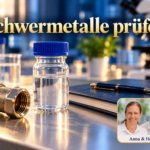 Schwermetalle prüfen – Anna und Herbert - Herbert Eder - Frequenzforscher Verschlossenes Wasserprobengefäß neben einem Rohrverbindungsstück und einem blauen Notizbuch. Porträtbadge Anna und Herbert rechts unten.