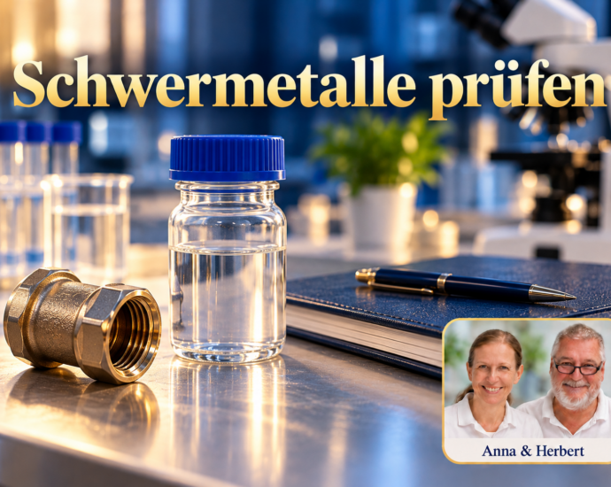 Verschlossenes Wasserprobengefäß neben einem Rohrverbindungsstück und einem blauen Notizbuch. Porträtbadge Anna und Herbert rechts unten.