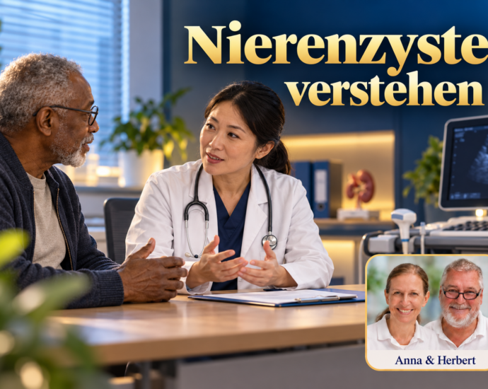 Ein älterer Mann spricht mit einer Ärztin über eine Nierenzyste; ein Ultraschallgerät steht unscharf im Hintergrund. Porträtbadge Anna und Herbert rechts unten.