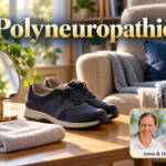 Polyneuropathie – Anna und Herbert - Herbert Eder - Frequenzforscher Bequeme geschlossene Schuhe, Spiegel und gefaltetes Handtuch neben einem stabilen Sessel. Porträtbadge Anna und Herbert rechts unten.