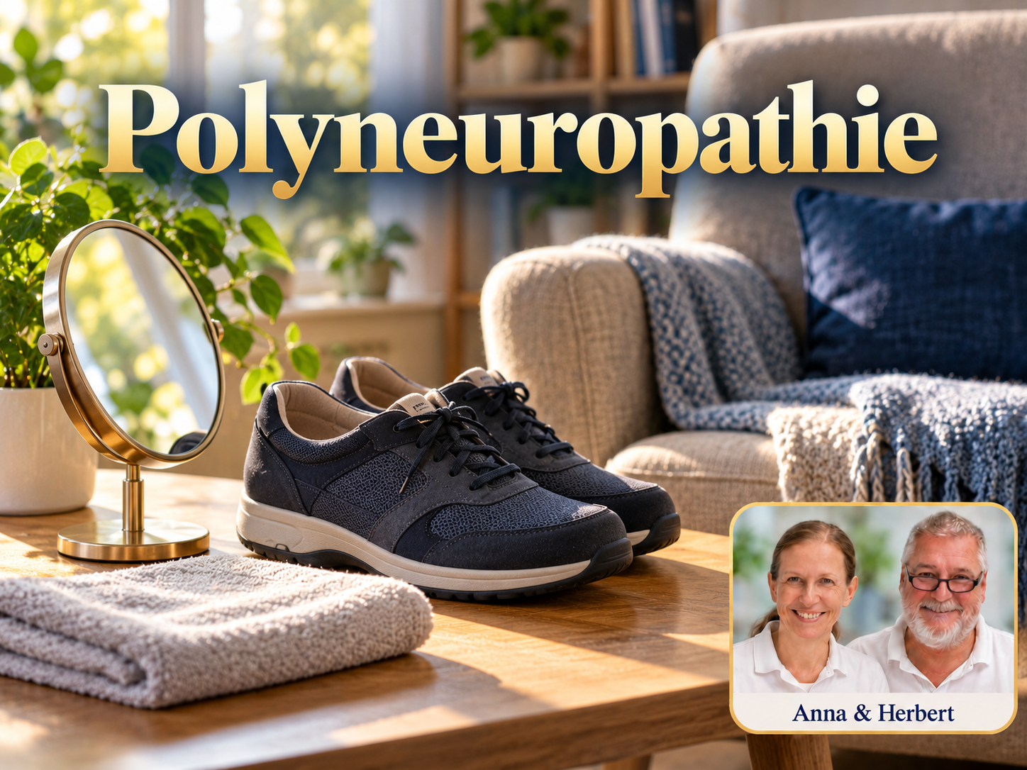 Polyneuropathie – Anna und Herbert - Herbert Eder - Frequenzforscher Schuhe, kleiner Spiegel und Handtuch vor einem Sessel unter dem Titel Polyneuropathie.