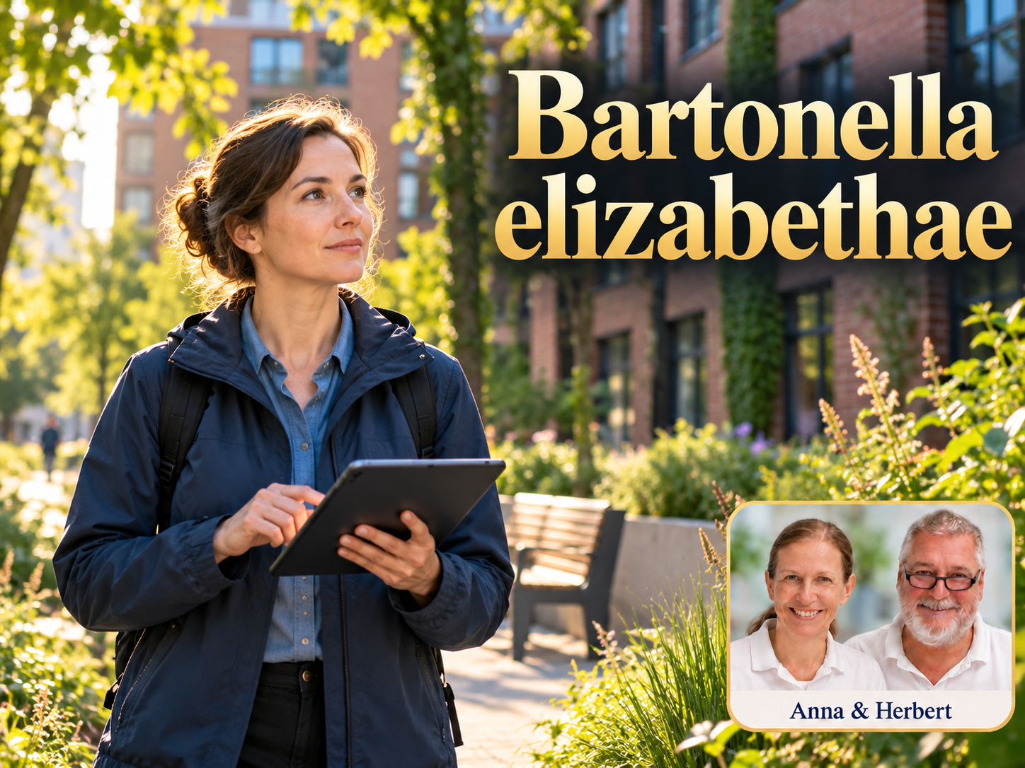 Bartonella elizabethae – Anna und Herbert - Herbert Eder - Frequenzforscher Frau mit Tablet steht vor einem Wohngebäude unter dem Titel Bartonella elizabethae.