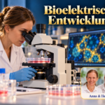 Bioelektrische Entwicklung – Anna und Herbert - Herbert Eder - Frequenzforscher Frau mit Handschuhen arbeitet an einem Mikroskop vor farbigen Zellmotiven unter dem Titel Bioelektrische Entwicklung.