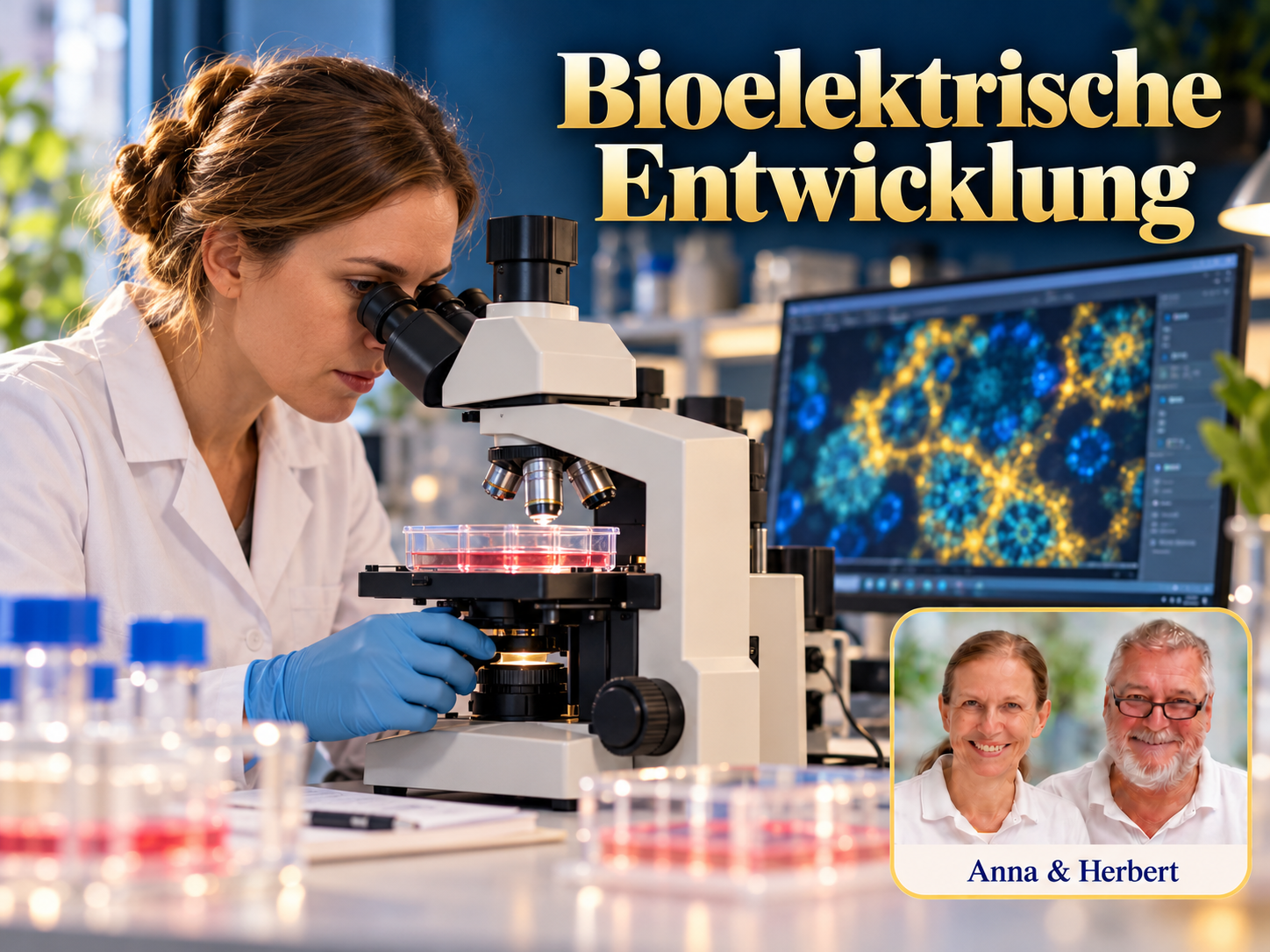 Bioelektrische Entwicklung – Anna und Herbert - Herbert Eder - Frequenzforscher Frau mit Handschuhen arbeitet an einem Mikroskop vor farbigen Zellmotiven unter dem Titel Bioelektrische Entwicklung.