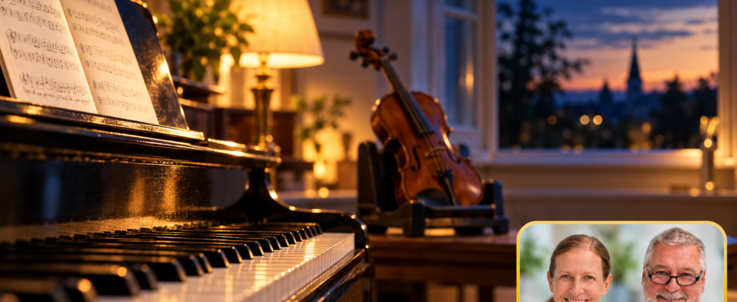 Musik und Gefühle – Anna und Herbert - Herbert Eder - Frequenzforscher Klaviertasten, Noten und eine Violine im warmen Licht am Fenster; Porträt-Badge Anna und Herbert rechts unten.