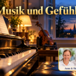 Musik und Gefühle – Anna und Herbert - Herbert Eder - Frequenzforscher Klaviertasten, Noten und eine Violine im warmen Licht am Fenster; Porträt-Badge Anna und Herbert rechts unten.