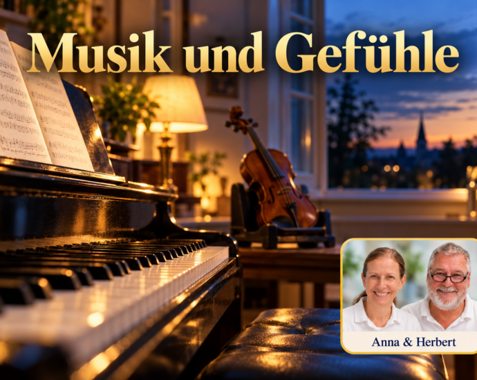 Klaviertasten, Noten und eine Violine im warmen Licht am Fenster; Porträt-Badge Anna und Herbert rechts unten.
