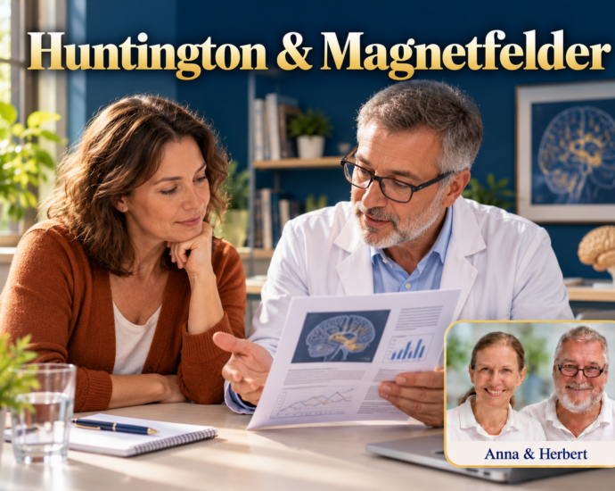 Consulta médica sobre una representación esquemática del cerebro relacionada con la enfermedad de Huntington y los campos magnéticos. Insignia con los retratos de Anna y Herbert en la esquina inferior derecha.