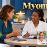 Myome – Anna und Herbert - Herbert Eder - Frequenzforscher Fiktive Patientin spricht mit einer Ärztin über einen geschlossenen beziehungsweise unbeschrifteten Befund auf dem Beratungstisch. Porträtbadge Anna und Herbert rechts unten.