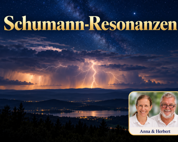Ein fernes Gewitter mit Blitzen über einer weiten Landschaft unter nächtlichem Himmel; Porträt-Badge Anna und Herbert rechts unten.