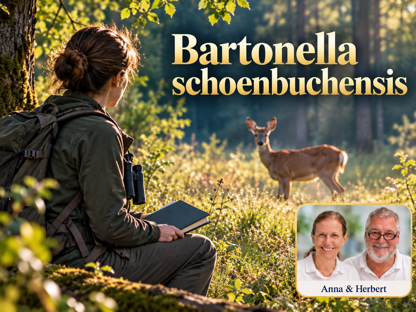 Bartonella schoenbuchensis – Anna und Herbert - Herbert Eder - Frequenzforscher Frau mit Notizbuch beobachtet ein Hirschartiges im Wald unter dem Titel Bartonella schoenbuchensis.