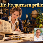 Rife-Frequenzen prüfen – Anna und Herbert - Herbert Eder - Frequenzforscher Frau betrachtet ein altes Blatt mit runden Mustern neben einem Mikroskop unter dem Titel Rife-Frequenzen prüfen.