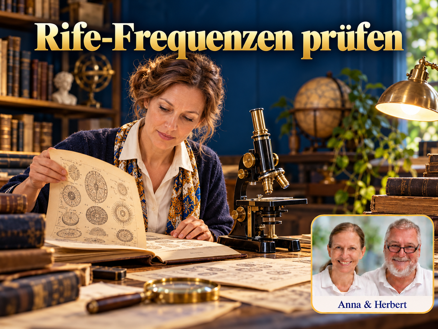 Rife-Frequenzen prüfen – Anna und Herbert - Herbert Eder - Frequenzforscher Frau betrachtet ein altes Blatt mit runden Mustern neben einem Mikroskop unter dem Titel Rife-Frequenzen prüfen.